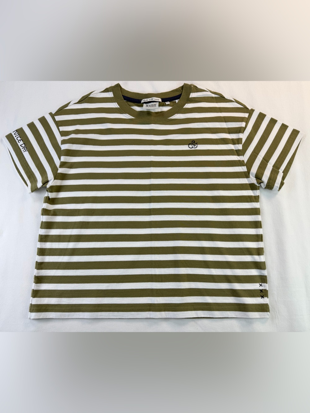 Scotch & Soda Olive and White Horizontal Stripe Short Sleeve Tee